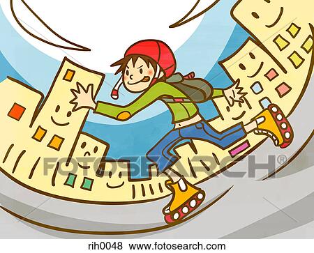 Stock Illustration - Illustration of a young girl rollerblading through a city street. Fotosearch