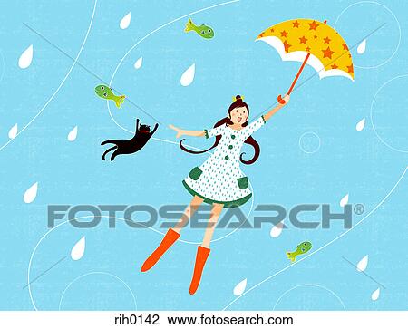 Drawing - Illustration of a young girl with an umbrella and cat being blown through the air. Fotosearch