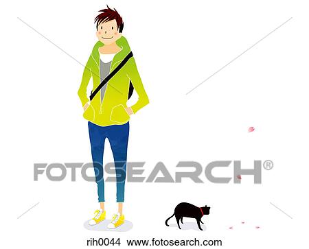 Stock Illustration - Illustration of a young man and a black cat. Fotosearch