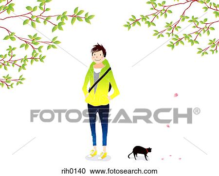Clipart - Illustration of a young man and black cat. Fotosearch