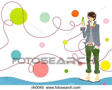 Stock Illustration - Illustration of a young man sending a text message on a patterned background. Fotosearch