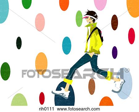 Clip Art - Illustration of a young man walking on a colored polka dot background. Fotosearch