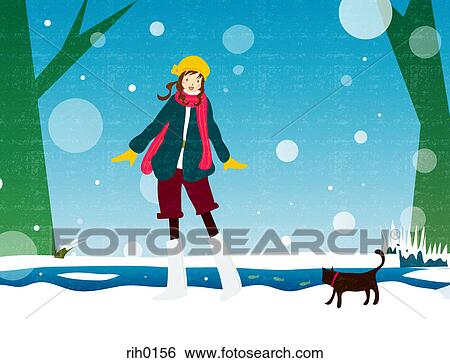 Stock Illustration - Illustration of a young woman and cat in the snow by a lake. Fotosearch