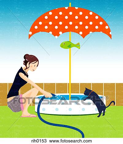 Drawing - Illustration of a young woman and her cat filling a small pool. Fotosearch