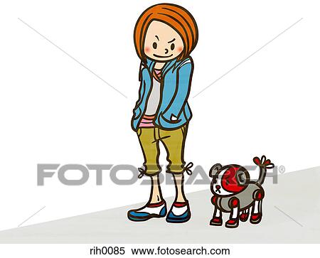 Stock Illustration - Illustration of a young woman and mechanical dog. Fotosearch