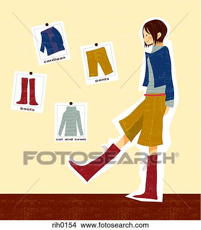 Illustration of a young woman and posters of clothing items View Large Illustration Stock Illustration - Illustration of a young woman and posters of clothing items. Fotosearch