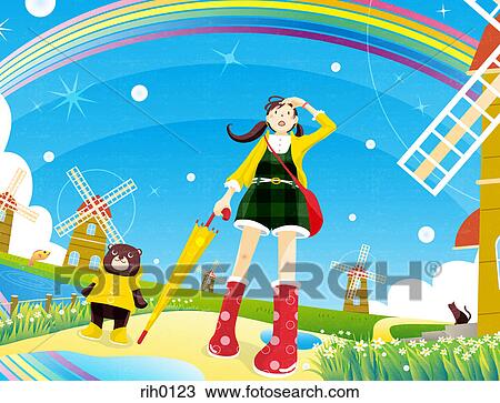 Drawing - Illustration of a young woman and teddy bear under a rainbow surrounded by windmills. Fotosearch