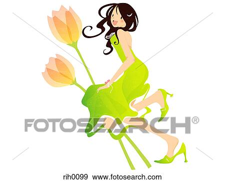 Illustration of a young woman and two large flowers View Large Illustration Stock Illustration - Illustration of a young woman and two large flowers. Fotosearch