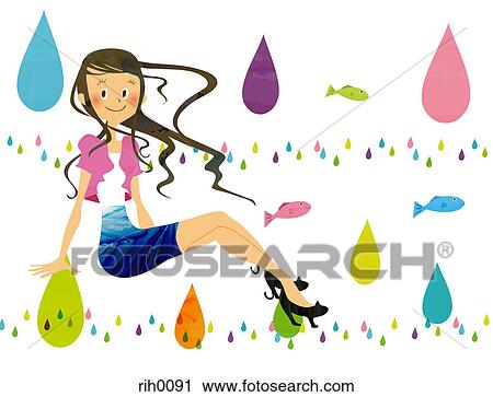Clip Art - Illustration of a young woman surrounded by colored water droplets and fish. Fotosearch