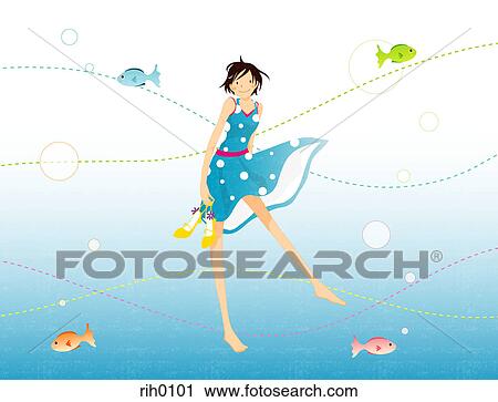 Clip Art - Illustration of a young woman surrounded by colored lines and fish. Fotosearch