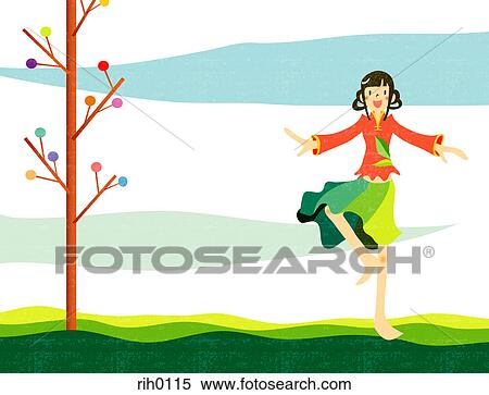 Stock Illustration - Illustration of a young woman dancing outside. Fotosearch