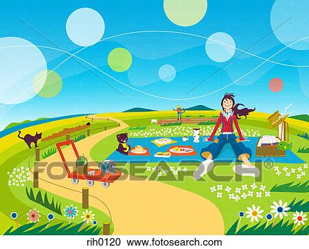 Clipart - Illustration of a young woman having a picnic. Fotosearch