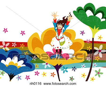 Illustration of a young woman jumping from a flower View Large Illustration Stock Illustration - Illustration of a young woman jumping from a flower. Fotosearch