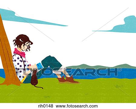 Illustration of a young woman leaning against a tree reading View Large Illustration Stock Illustration - Illustration of a young woman leaning against a tree reading. Fotosearch