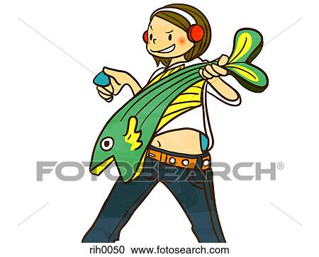 Clipart - Illustration of a young woman playing a guitar shaped like a fish. Fotosearch