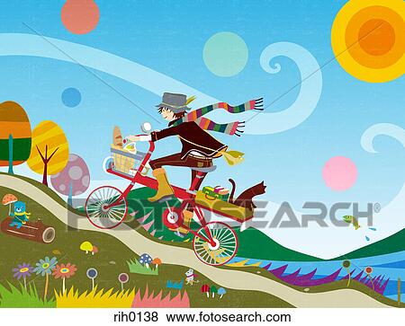 Illustration of a young woman riding a bicycle trough a fanciful scene View Large Illustration Stock Illustration - Illustration of a young woman riding a bicycle trough a fanciful scene. Fotosearch