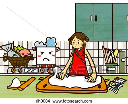 Illustration of a young woman rolling dough in the kitchen View Large Illustration Stock Illustration - Illustration of a young woman rolling dough in the kitchen. Fotosearch