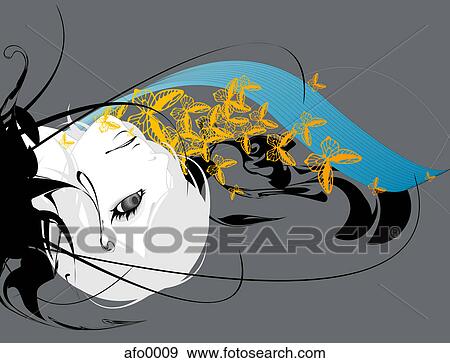 Illustration of a young woman surrounded by waves and butterflies View Large Illustration Stock Illustration - Illustration of a young woman surrounded by waves and butterflies. Fotosearch