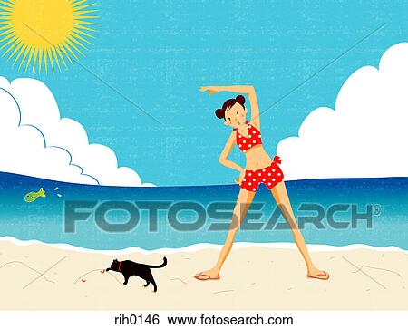 Stock Illustration - Illustration of a young woman stretching at the beach. Fotosearch