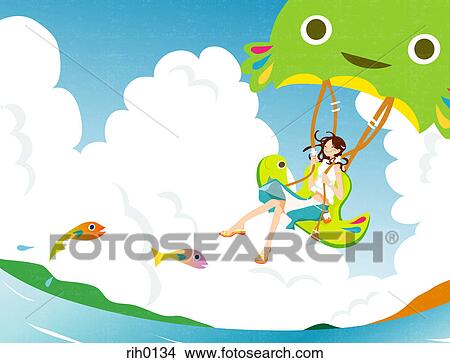 Stock Illustration - Illustration of a young woman under a green octopus parachute. Fotosearch