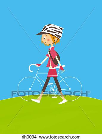 Stock Illustration - Illustration of a young woman walking a racing bicycle. Fotosearch