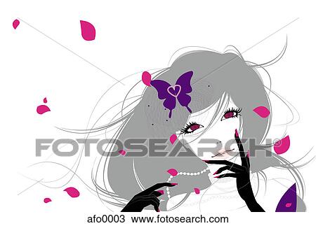 Drawing - Illustration of a young woman with a purple butterfly in her hair surrounded by pink flower petals. Fotosearch