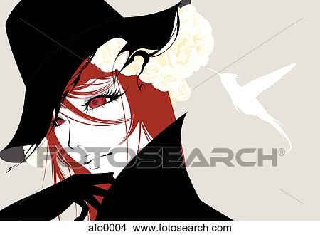 Stock Illustration - Illustration of a young woman with a humming bird flying into a flower in her hair. Fotosearch