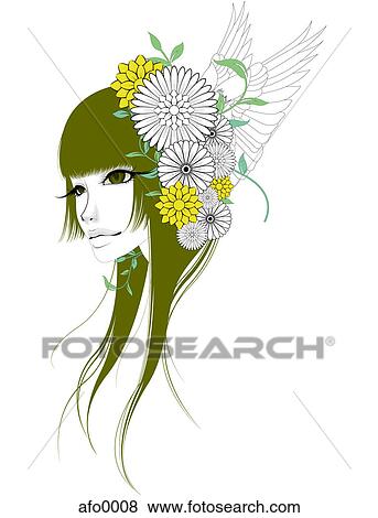 Illustration of a young woman with a fascinator of flowers and wings in her hair View Large Illustration Stock Illustration - Illustration of a young woman with a fascinator of flowers and wings in her hair. Fotosearch