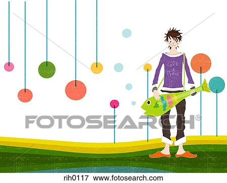 Stock Illustration - Illustration of a young woman with a fish shaped guitar. Fotosearch