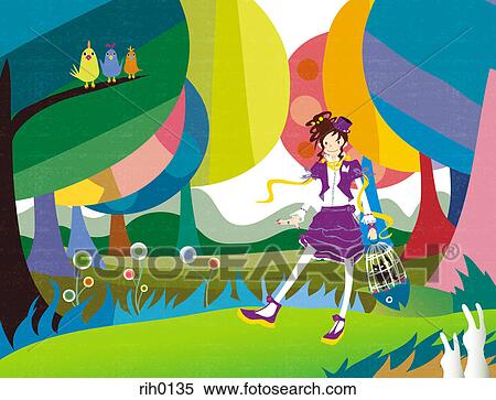 Illustration of a young woman with a cat in a cage walking through a colorful forest View Large Illustration Stock Illustration - Illustration of a young woman with a cat in a cage walking through a colorful forest. Fotosearch