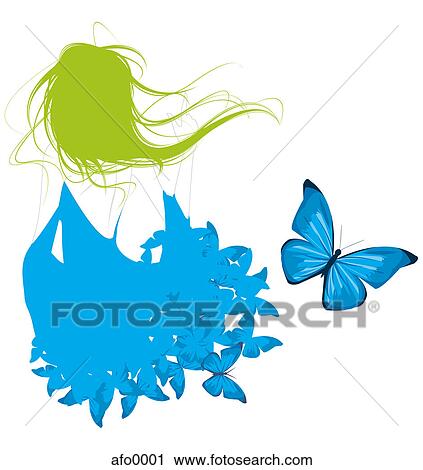 Clip Art - Illustration of a young woman with blue butterflies. Fotosearch