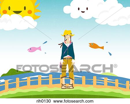 Clipart - Illustration of a young woman with fish jumping from the river behind. Fotosearch