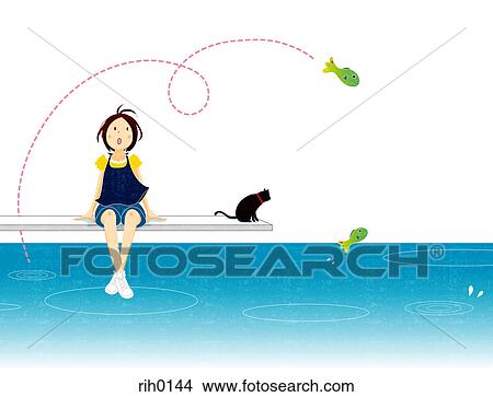 Stock Illustration - Illustration of fish jumping over a young girl sitting on a dock. Fotosearch