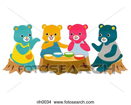 Illustration of four bears eating at a tree stump table View Large Illustration Stock Illustration - Illustration of four bears eating at a tree stump table. Fotosearch