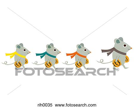 Illustration of four mice wearing winter scarfs carrying nuts View Large Illustration Stock Illustration - Illustration of four mice wearing winter scarfs carrying nuts. Fotosearch