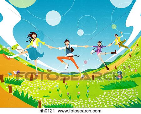 Clip Art - Illustration of four people holding hands skipping down a path. Fotosearch