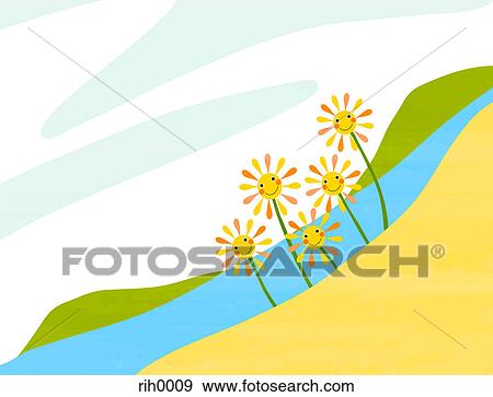 Illustration of happy flowers by the water View Large Illustration Stock Illustration - Illustration of happy flowers by the water. Fotosearch