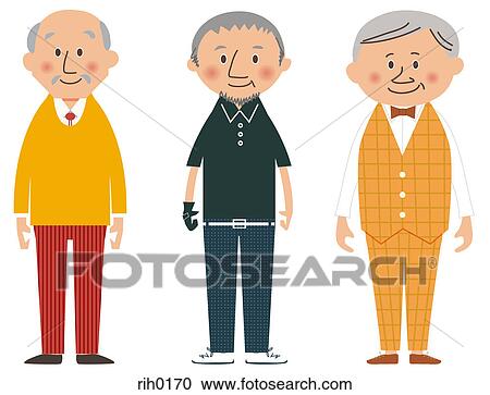 Clipart - Illustration of three elderly men standing side by side. Fotosearch
