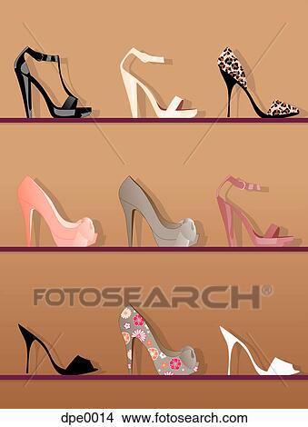 Illustration of three rows of different shaped and patterned high heel shoes View Large Illustration Stock Illustration - Illustration of three rows of different shaped and patterned high heel shoes. Fotosearch