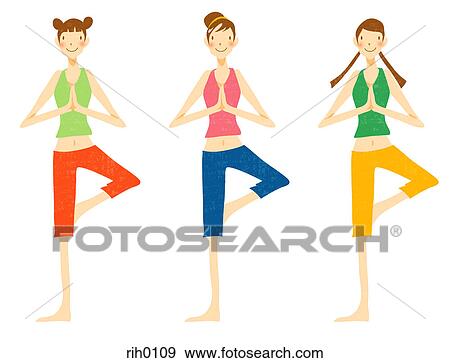 Illustration of three woman practicing yoga View Large Illustration Stock Illustration - Illustration of three woman practicing yoga. Fotosearch