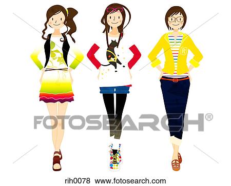 Stock Illustration - Illustration of three young women posing in a line. Fotosearch