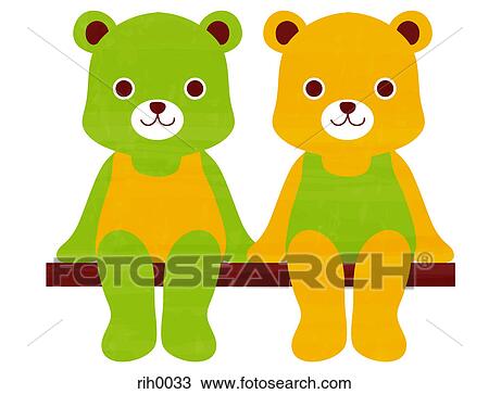 Drawing - Illustration of two bears sitting on a bench. Fotosearch