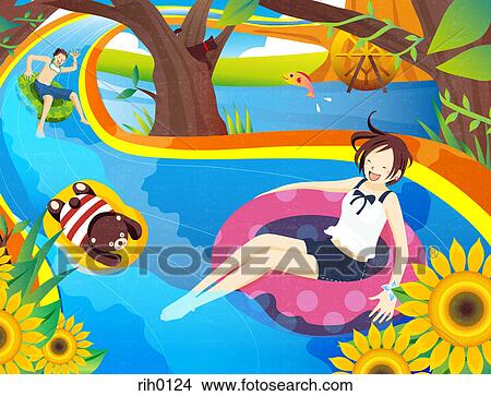 Stock Illustration - Illustration of two people and a teddy bear tubing down a river. Fotosearch