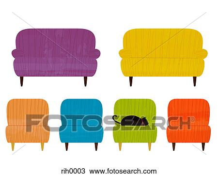 Illustration of two sofas and matching armchairs with black cat View Large Illustration Drawing - Illustration of two sofas and matching armchairs with black cat. Fotosearch