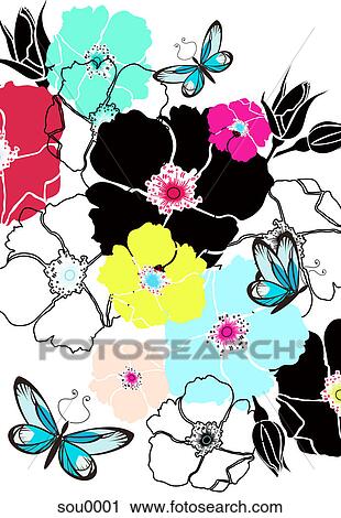 Clip Art - Illustration pattern of flowers and butterflies. Fotosearch