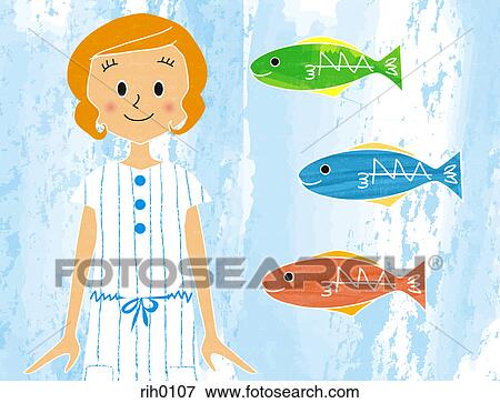 Stock Illustration - Illustration portrait of a woman next to three colored fish. Fotosearch