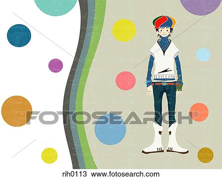 Illustration portrait of a young man on a colored polka dot background View Large Illustration Drawing - Illustration portrait of a young man on a colored polka dot background. Fotosearch
