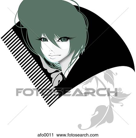 Clip Art - Illustration portrait of a young woman with green hair surrounded by black. Fotosearch
