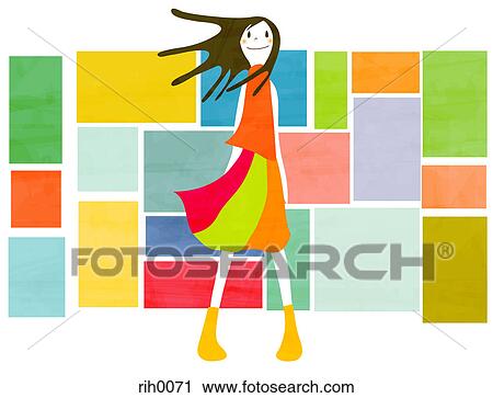 Clip Art - Illustration portrait of a young woman on a colored brick background. Fotosearch