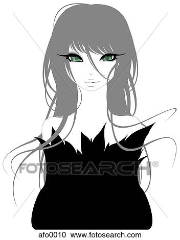 Clipart - Illustration portrait of a young woman in black with grey hair. Fotosearch